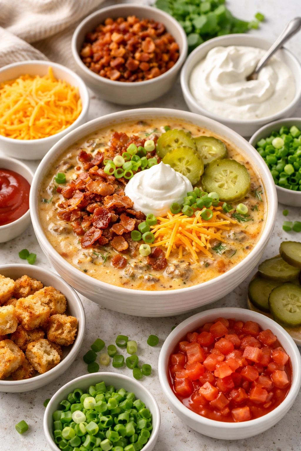 Cheeseburger soup bowl with bacon, pickles, green onions, cheddar, and sour cream toppings.