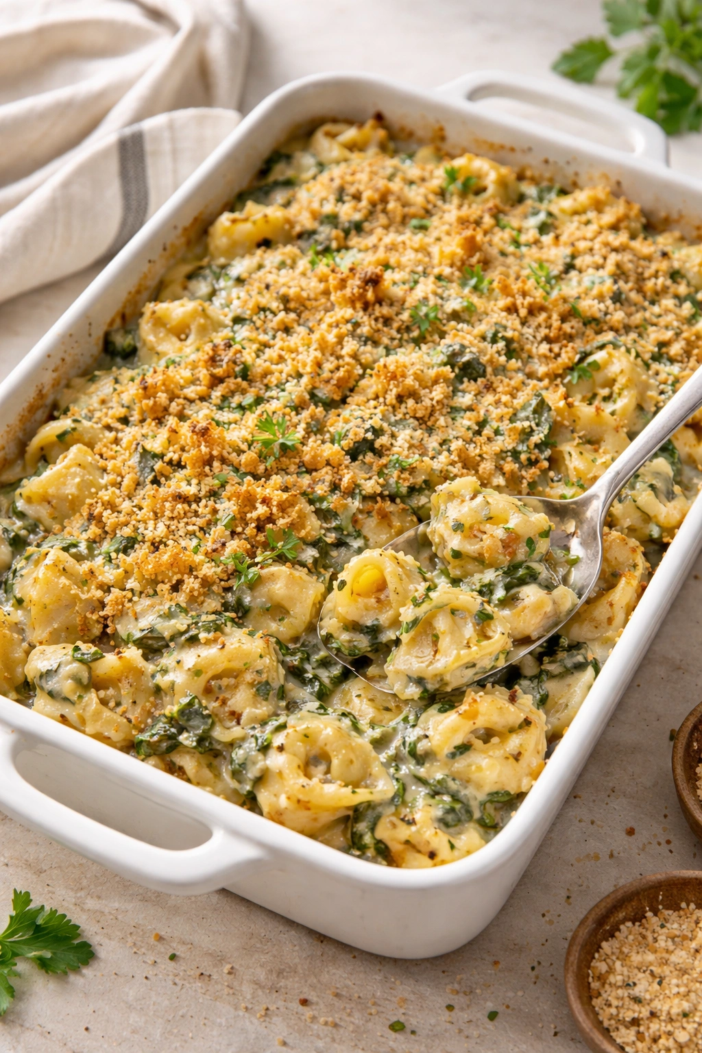 Creamy tortellini bake with spinach and artichoke in a casserole dish