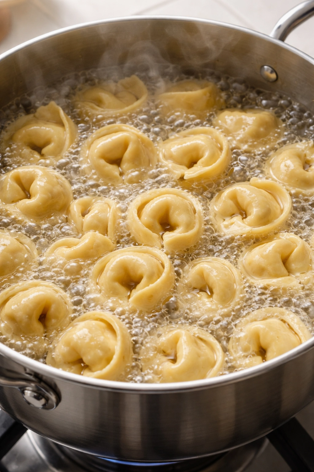 Fresh tortellini boiling in clear water, steam rising