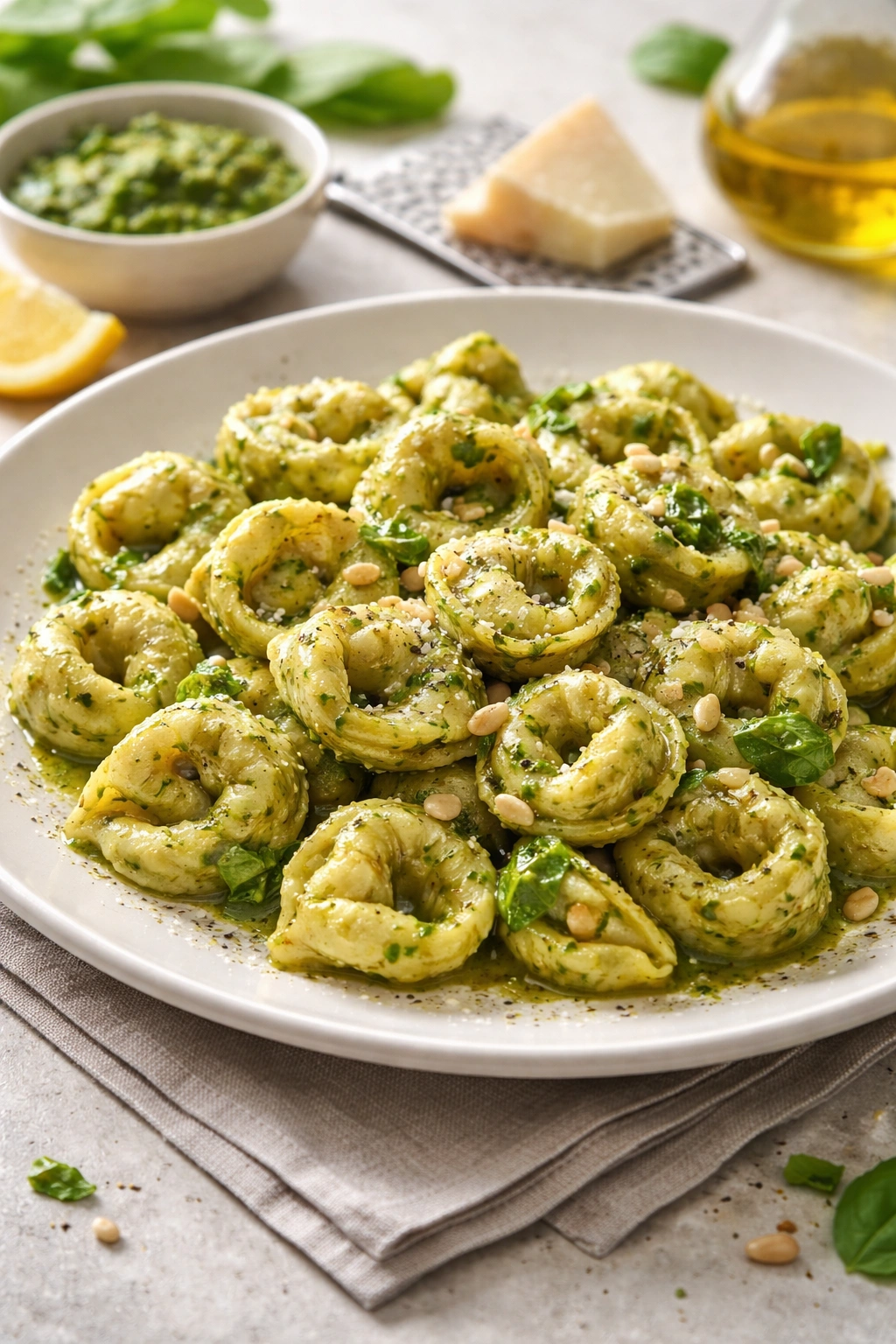 Plate of al dente tortellini with glossy pesto coating