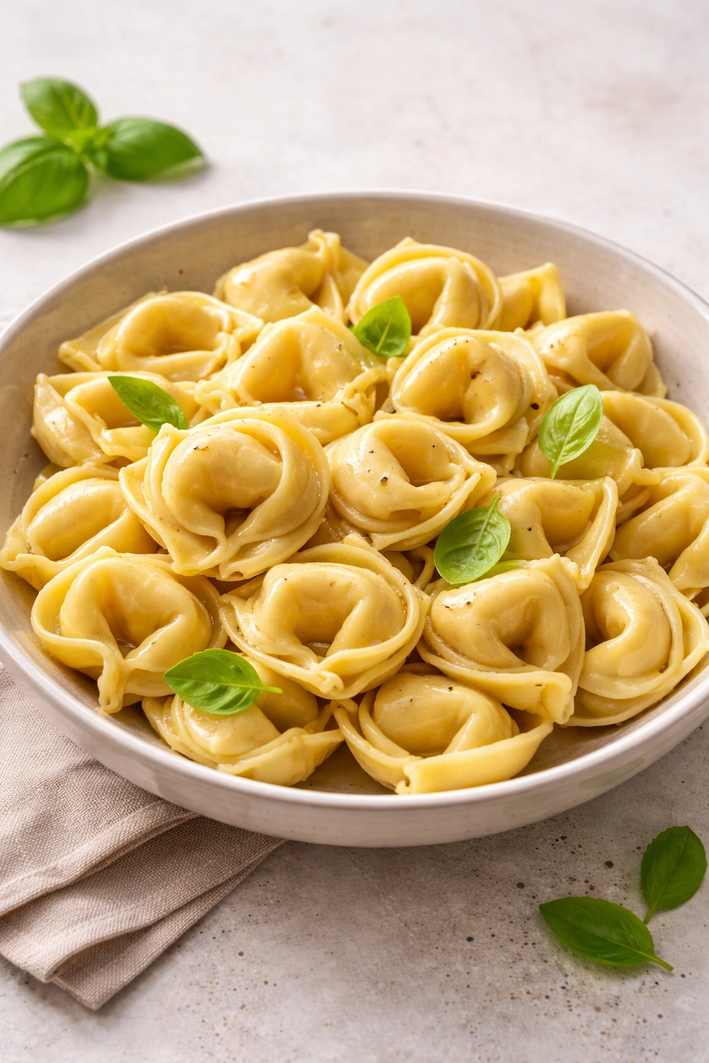 Fresh cheese-filled tortellini arranged on a warm dish