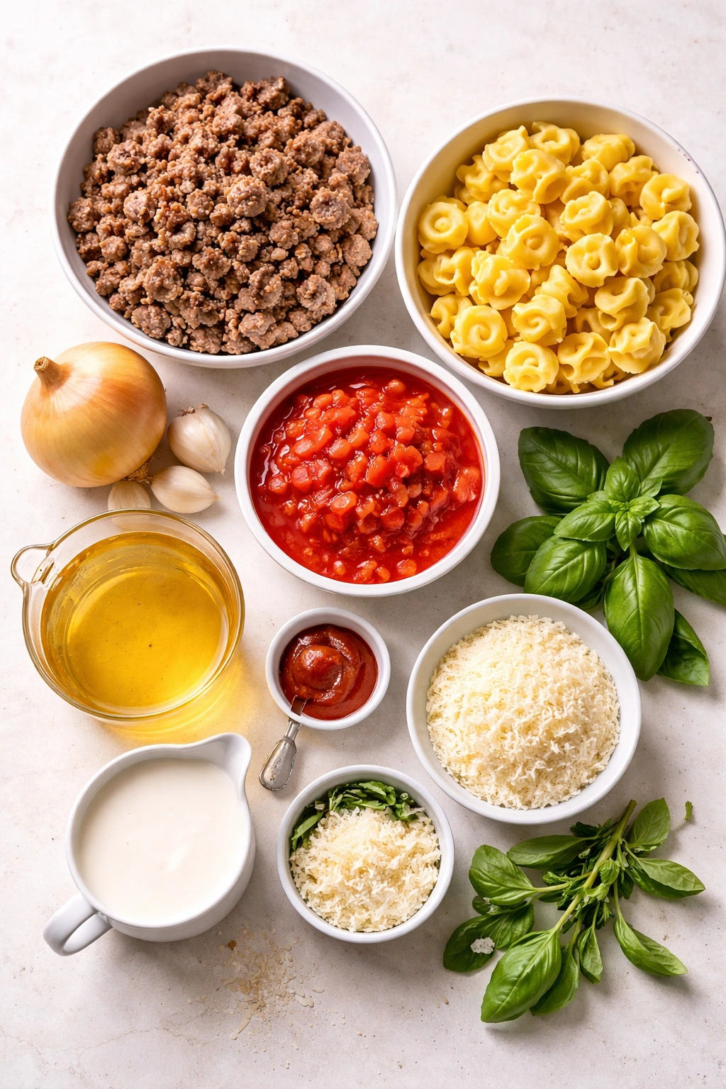 Flat lay of ingredients for one-pot sausage tortellini: sausage, onion, garlic, tomatoes, cream, broth, tortellini, Parmesan, basil