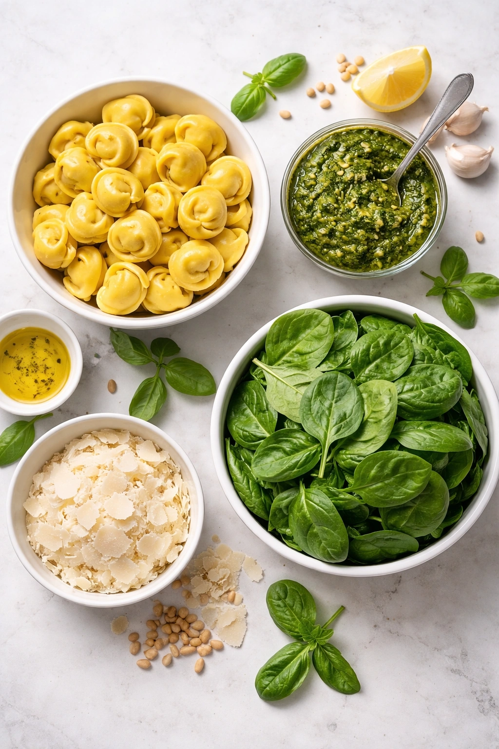 Arrangement of tortellini, pesto, spinach, and parmesan as main ingredients