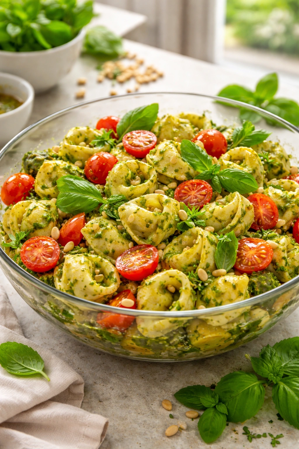 Close-up of tortellini salad with pesto in glass bowl