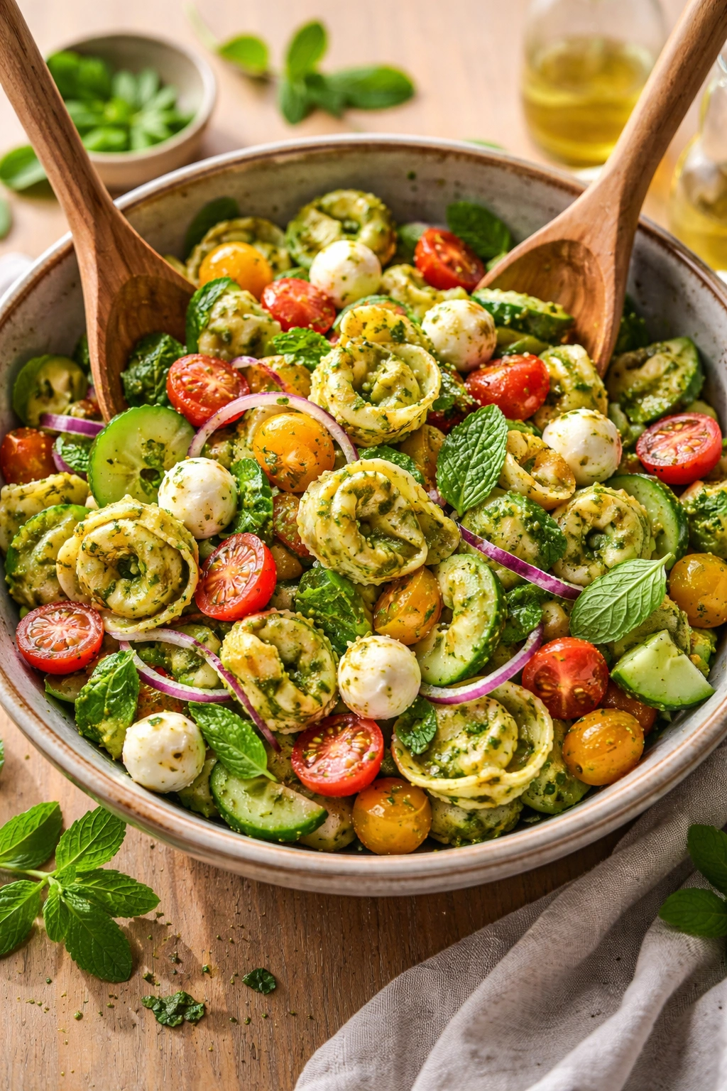 Colorful tortellini salad with tomatoes mozzarella cucumber and mint