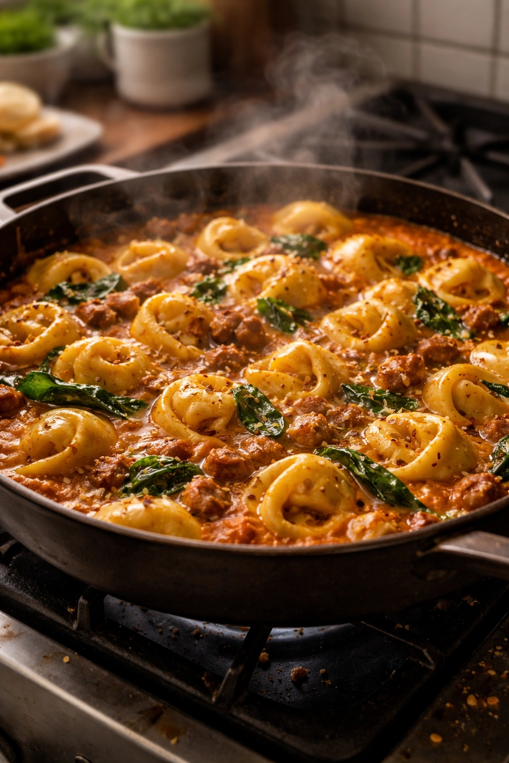Tortellini cooking in sauce with steam rising