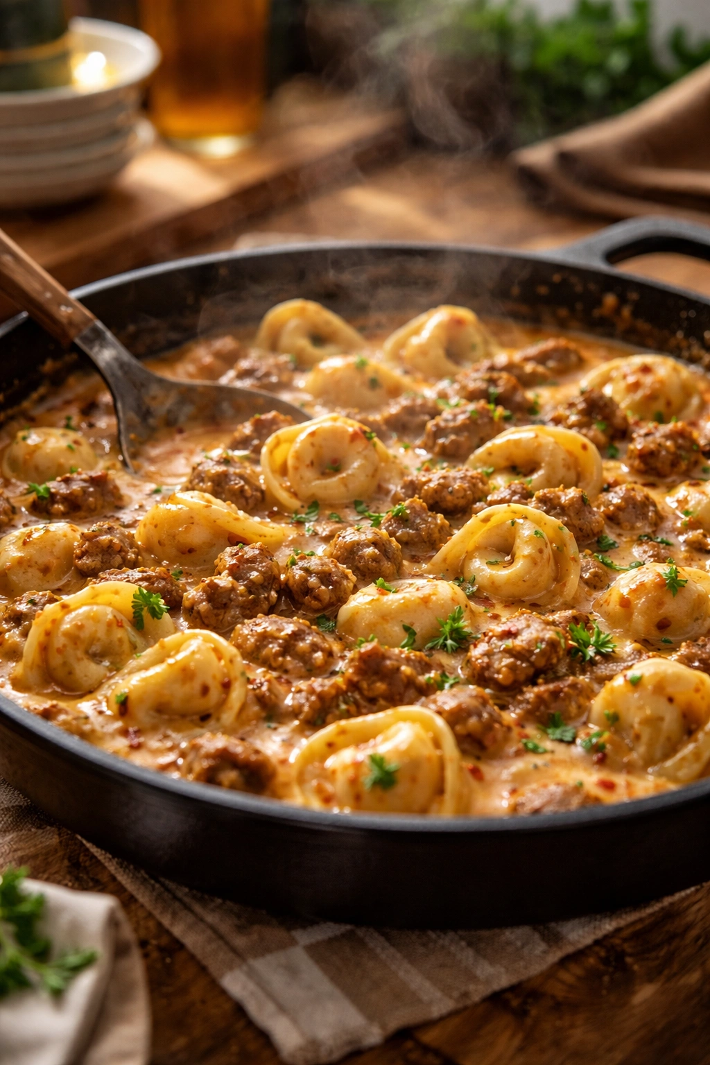 Finished one-pot sausage tortellini skillet with creamy sauce and browned sausage, warm kitchen lighting