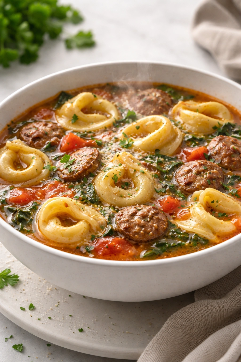 Finished tortellini soup bowl with herbs