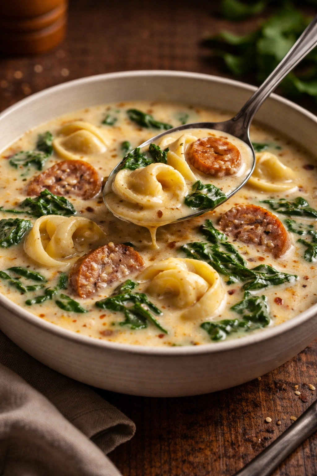 Creamy tortellini soup with sausage and spinach in a bowl