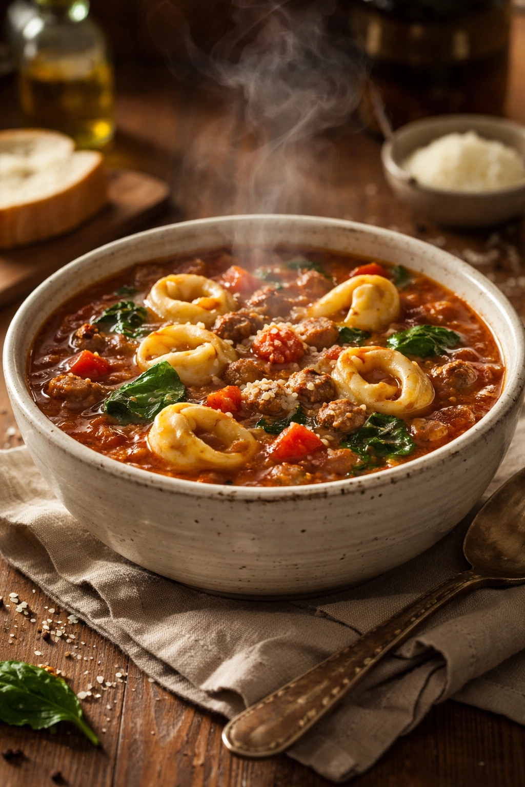 Steaming one-pot tortellini soup in a rustic ceramic bowl on a warm kitchen table
