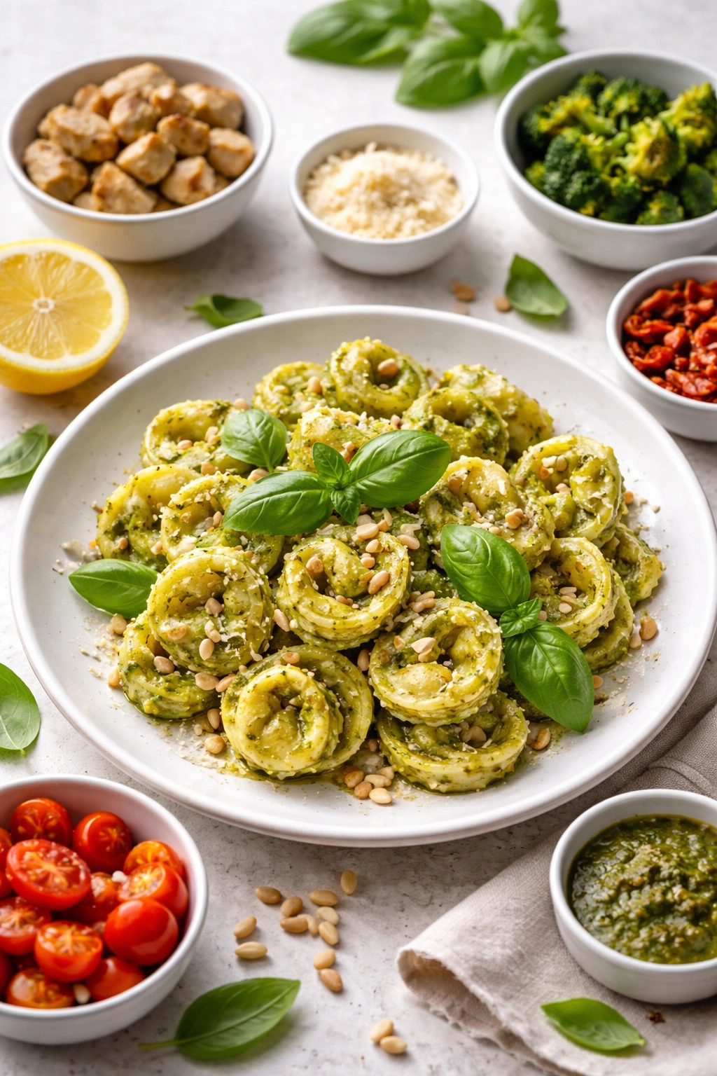 Pesto tortellini with basil and pine nuts garnish suggesting variations