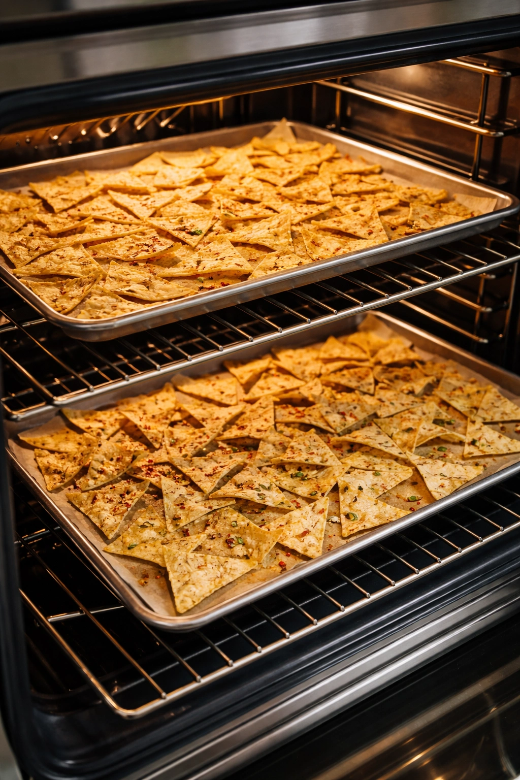 Two sheet pans of tortilla chips on oven racks for batch cooking