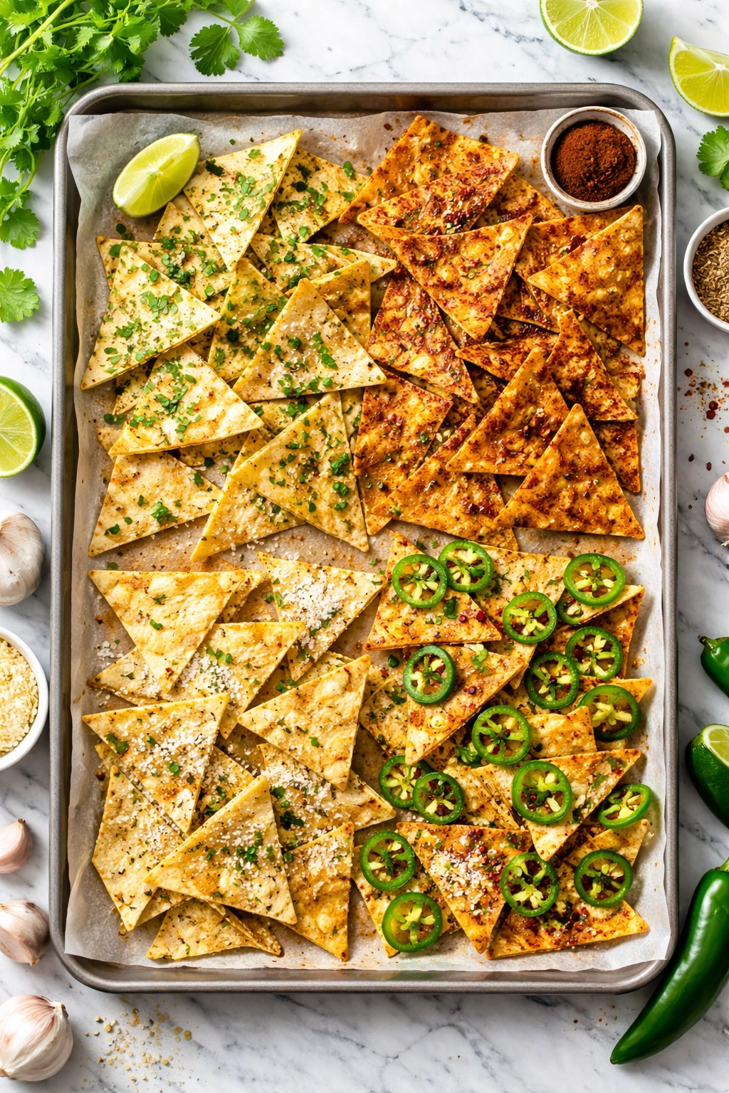Assorted seasoned tortilla chips with lime-cilantro, chili-cumin, garlic Parmesan, and jalapeño flavors