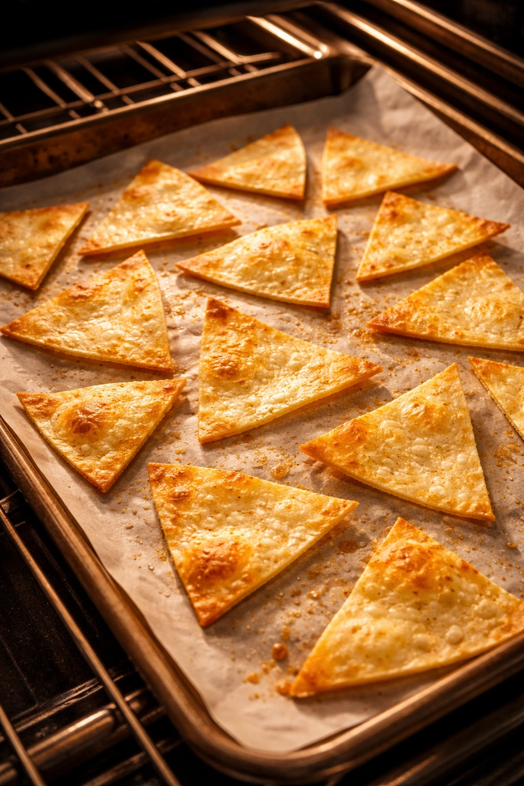 Close-up of tortilla chips with golden edges and pale centers signaling perfect bake