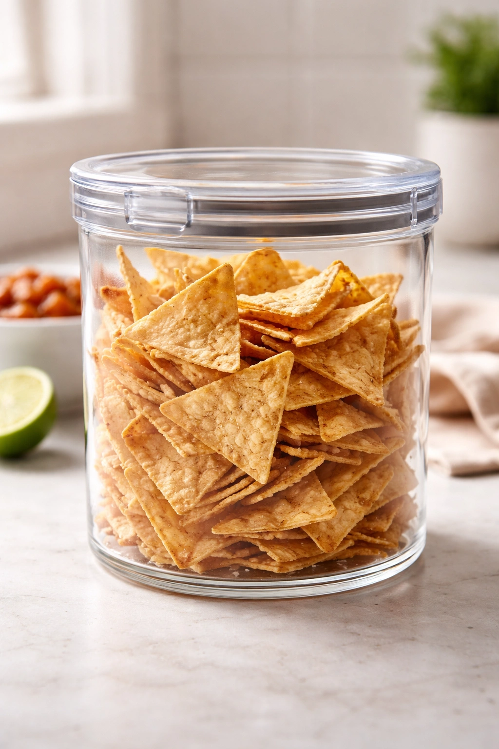 Airtight glass container of tortilla chips on a clean counter to keep them crispy