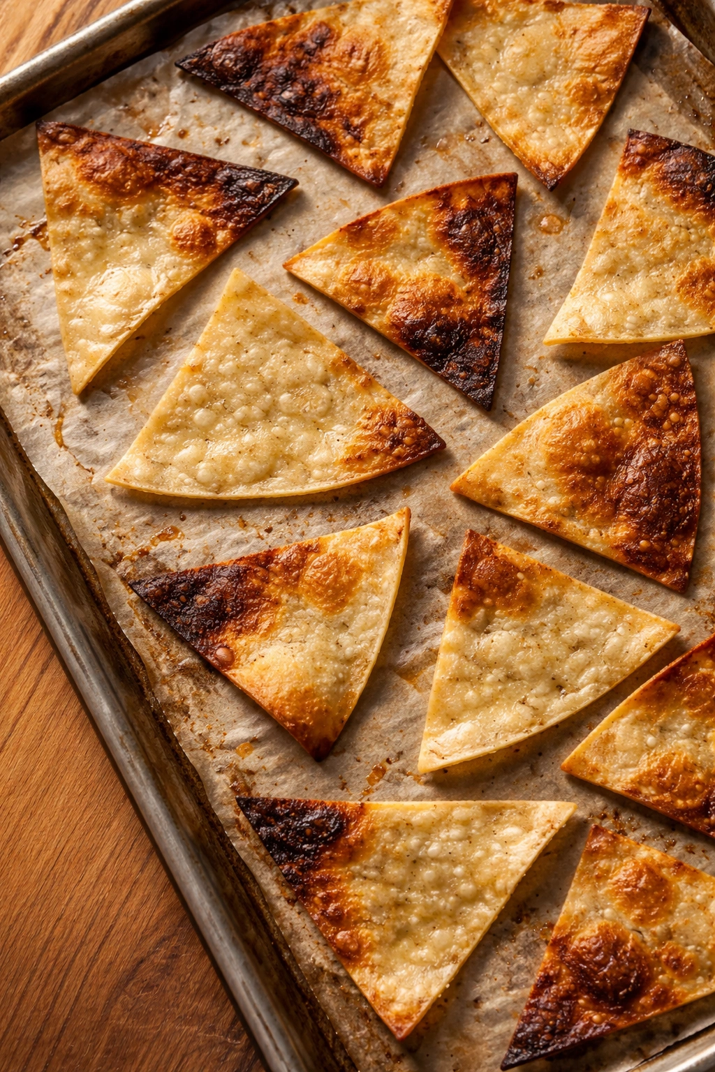 Baking sheet of tortilla chips with uneven browning indicating troubleshooting needs