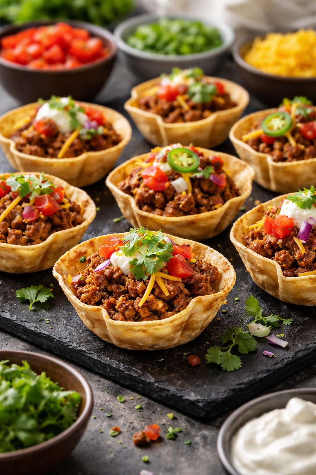Crispy tortilla cups filled with seasoned ground beef on a slate board