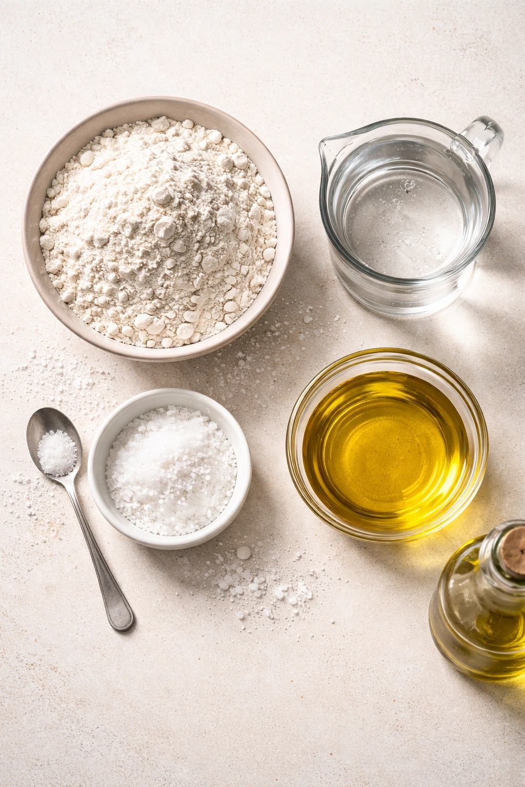 Flat lay of four tortilla dough ingredients: flour, water, salt, oil