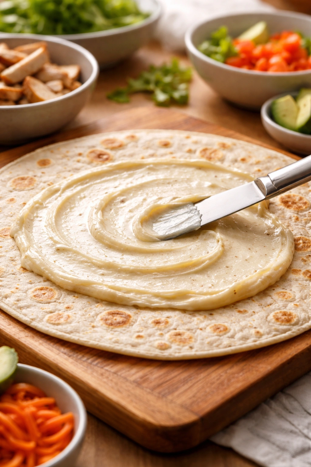 Close-up of warm tortilla with creamy moisture barrier spread for wrapping