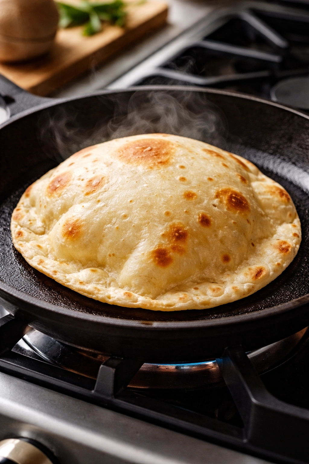 Puffed tortilla with visible air pocket in a skillet