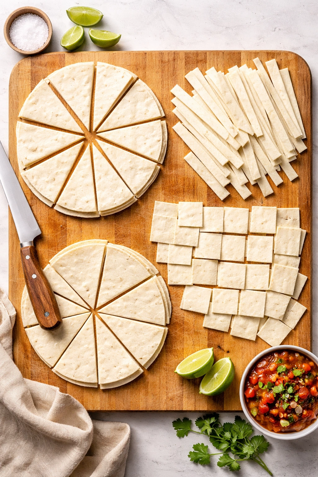 Tortillas cut into triangles, strips and squares on cutting board