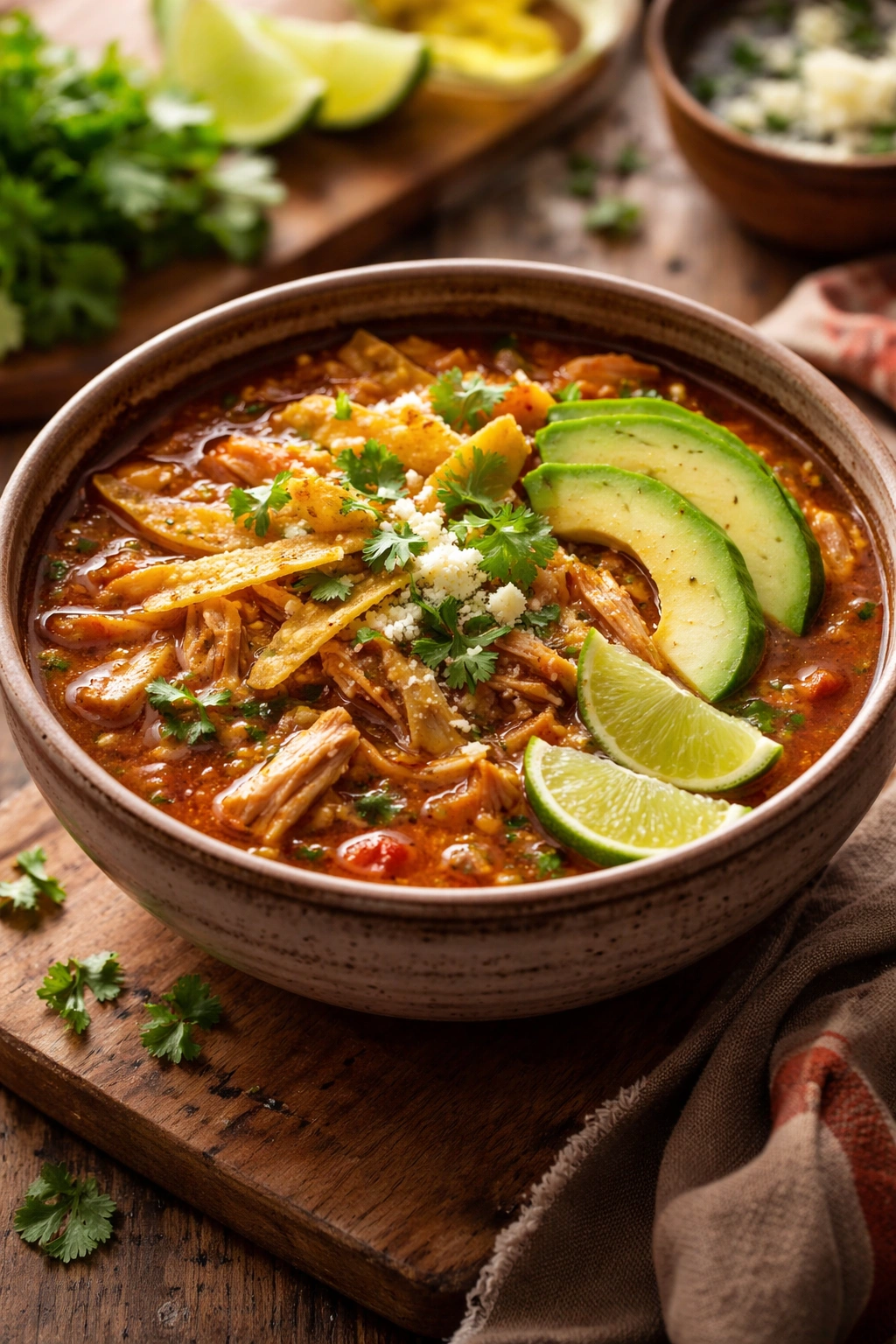 Bowl of authentic Mexican chicken tortilla soup with tortilla strips, avocado, lime, cilantro