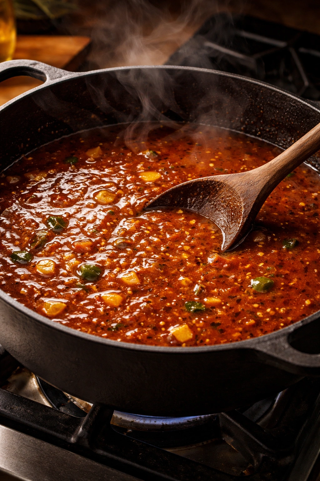 Rich smoky tortilla soup base simmering in cast-iron pot