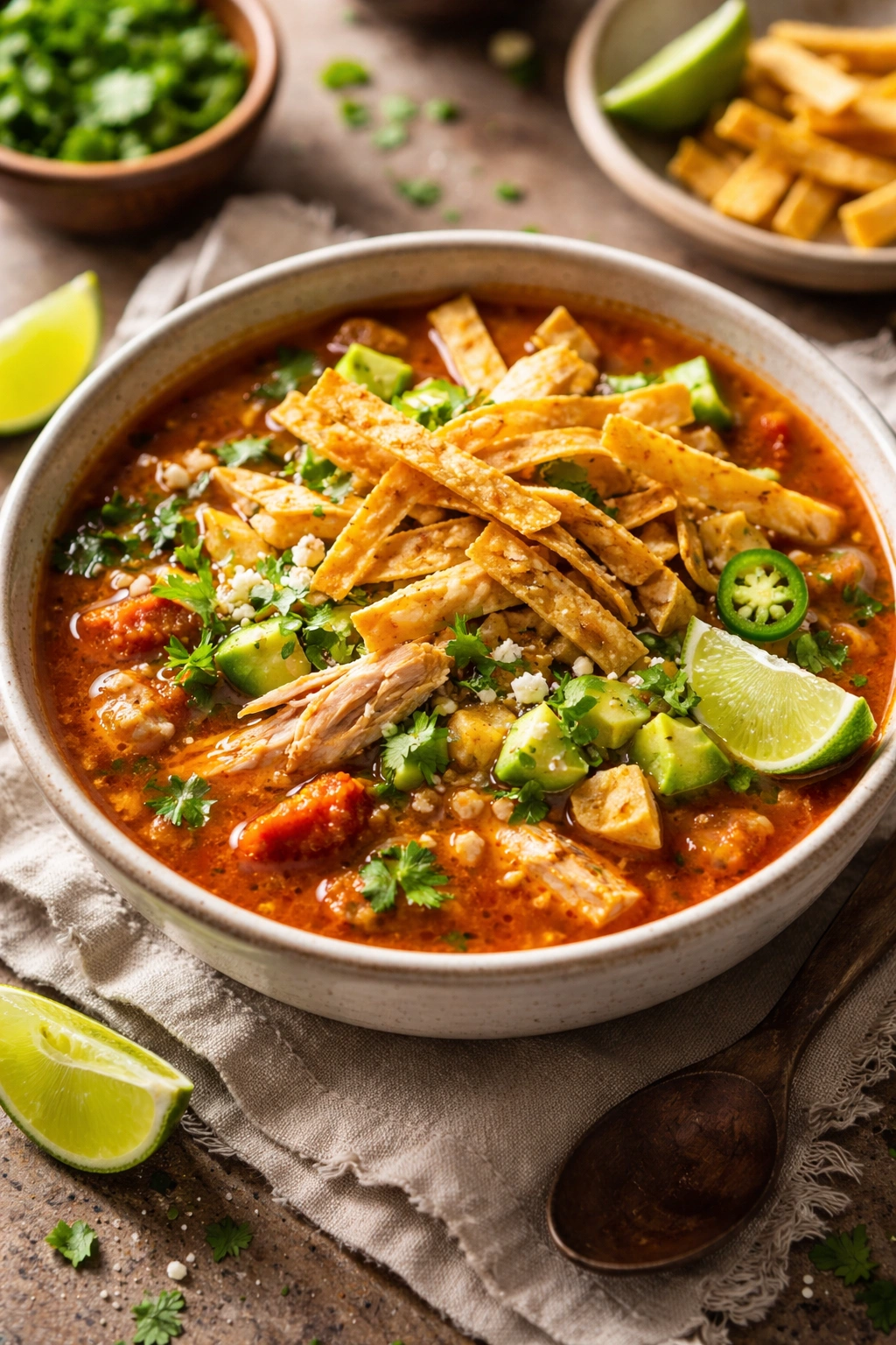Bowl of tortilla soup with crispy tortilla strips on top