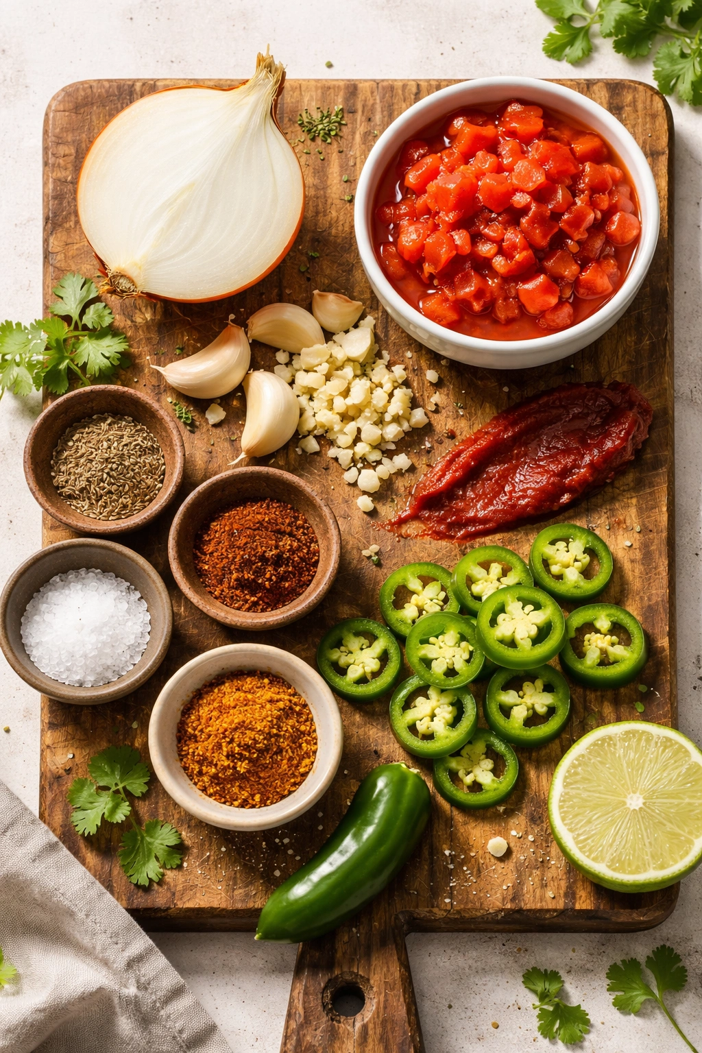Assortment of tortilla soup ingredients including onion, garlic, jalapeño, tomato paste, and diced tomatoes.