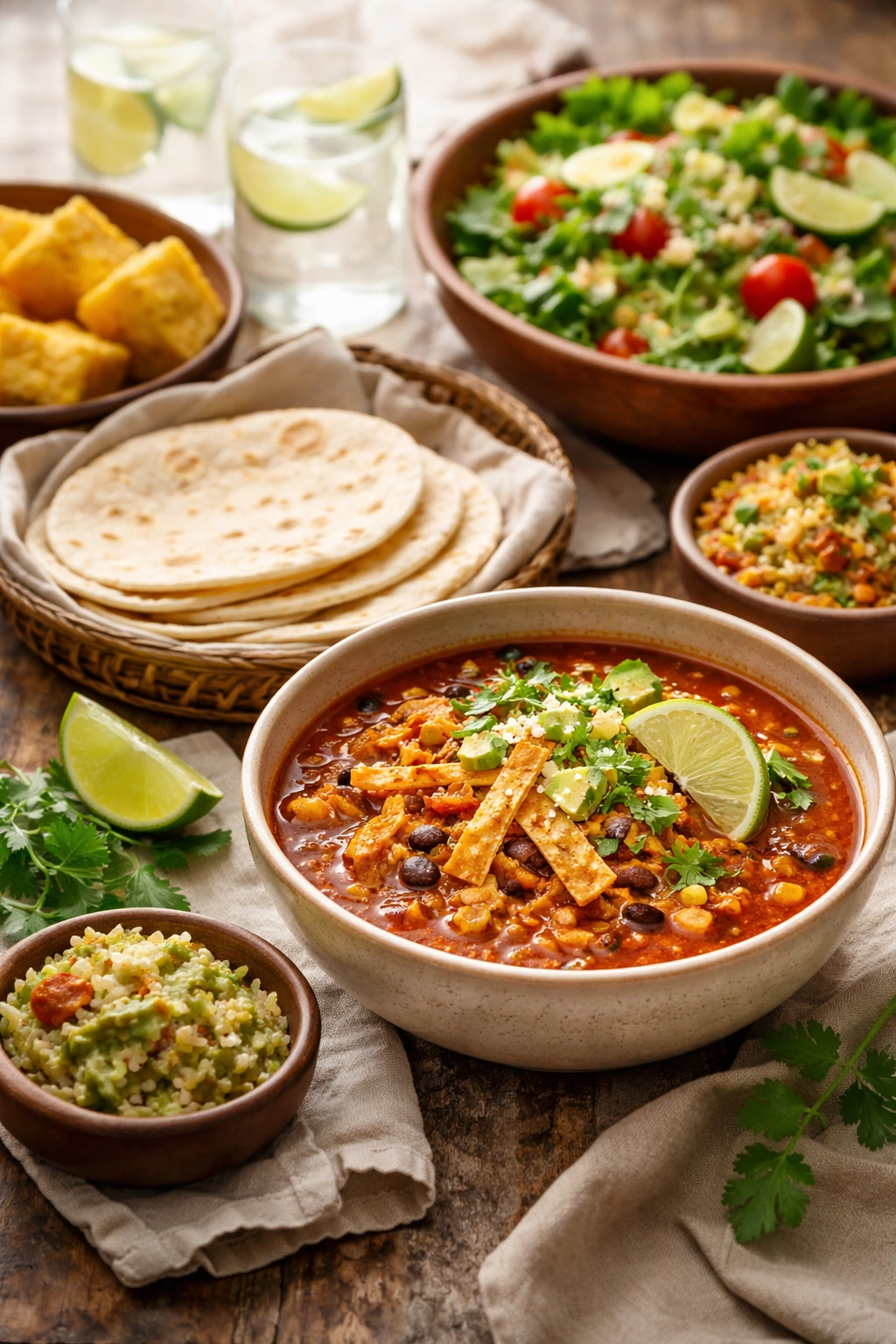 Tortilla soup with tortillas and a salad suggesting meal pairings