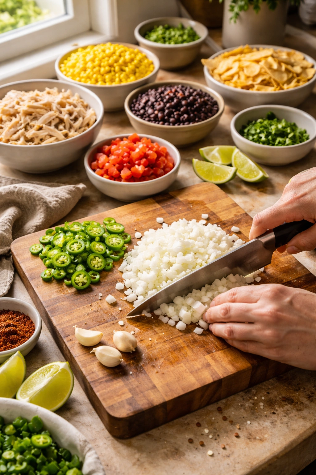 Hands preparing tortilla soup ingredients on a cutting board.