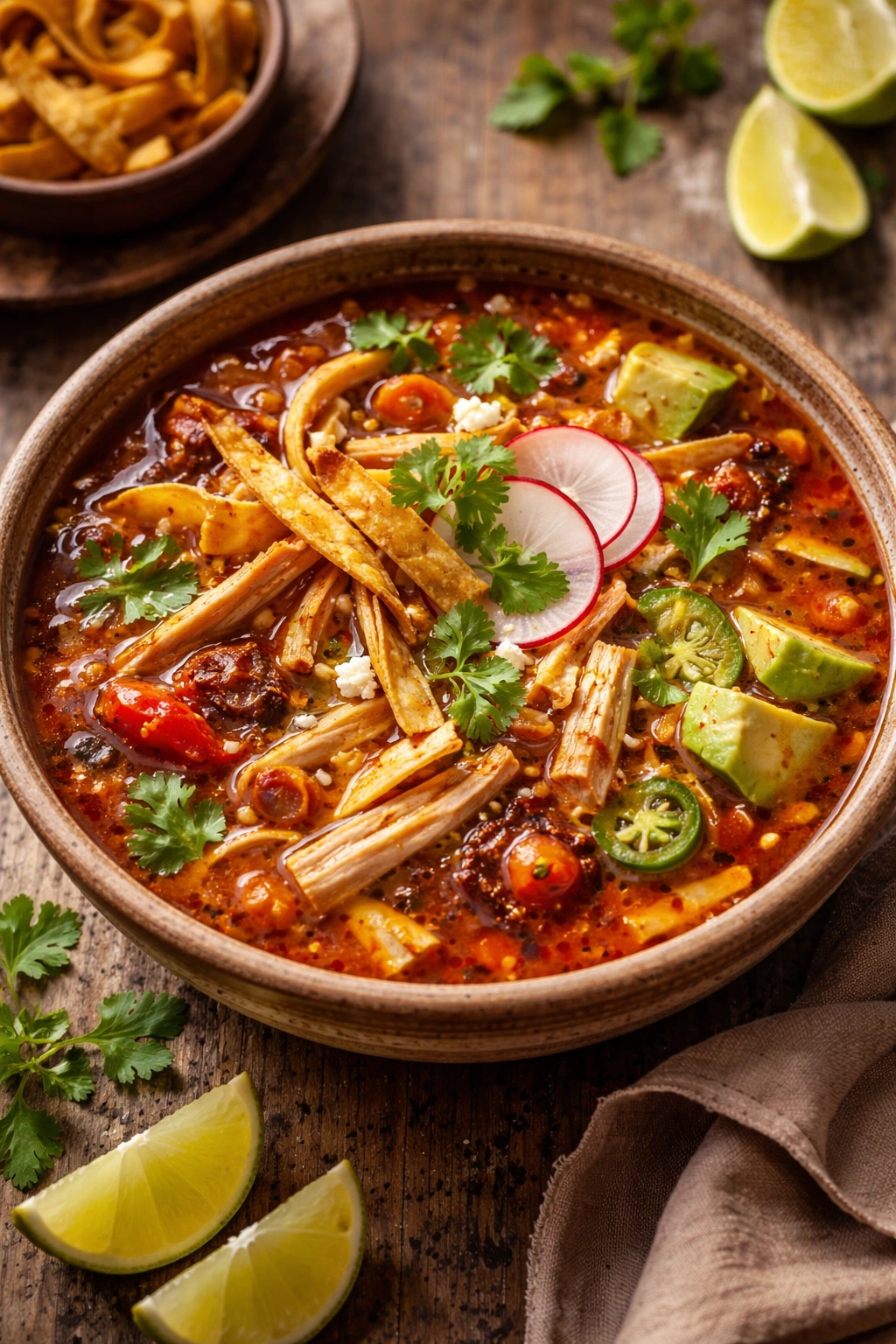 Steaming bowl of authentic tortilla soup with roasted tomatoes and crispy tortilla strips
