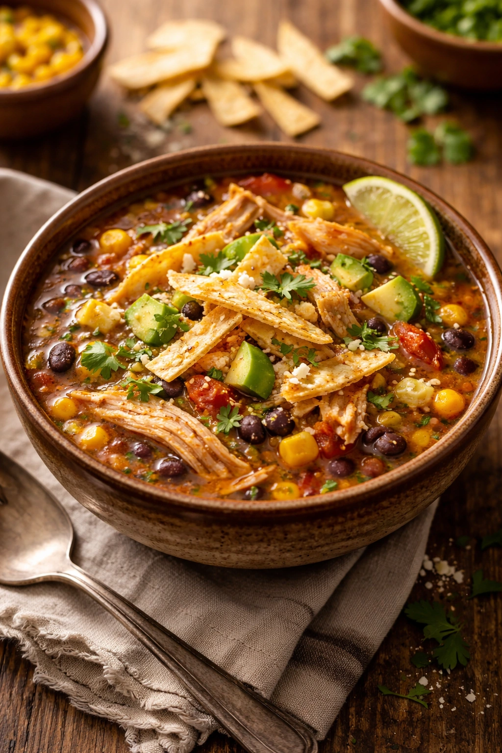 Steaming tortilla soup with shredded chicken, corn, and tortilla strips