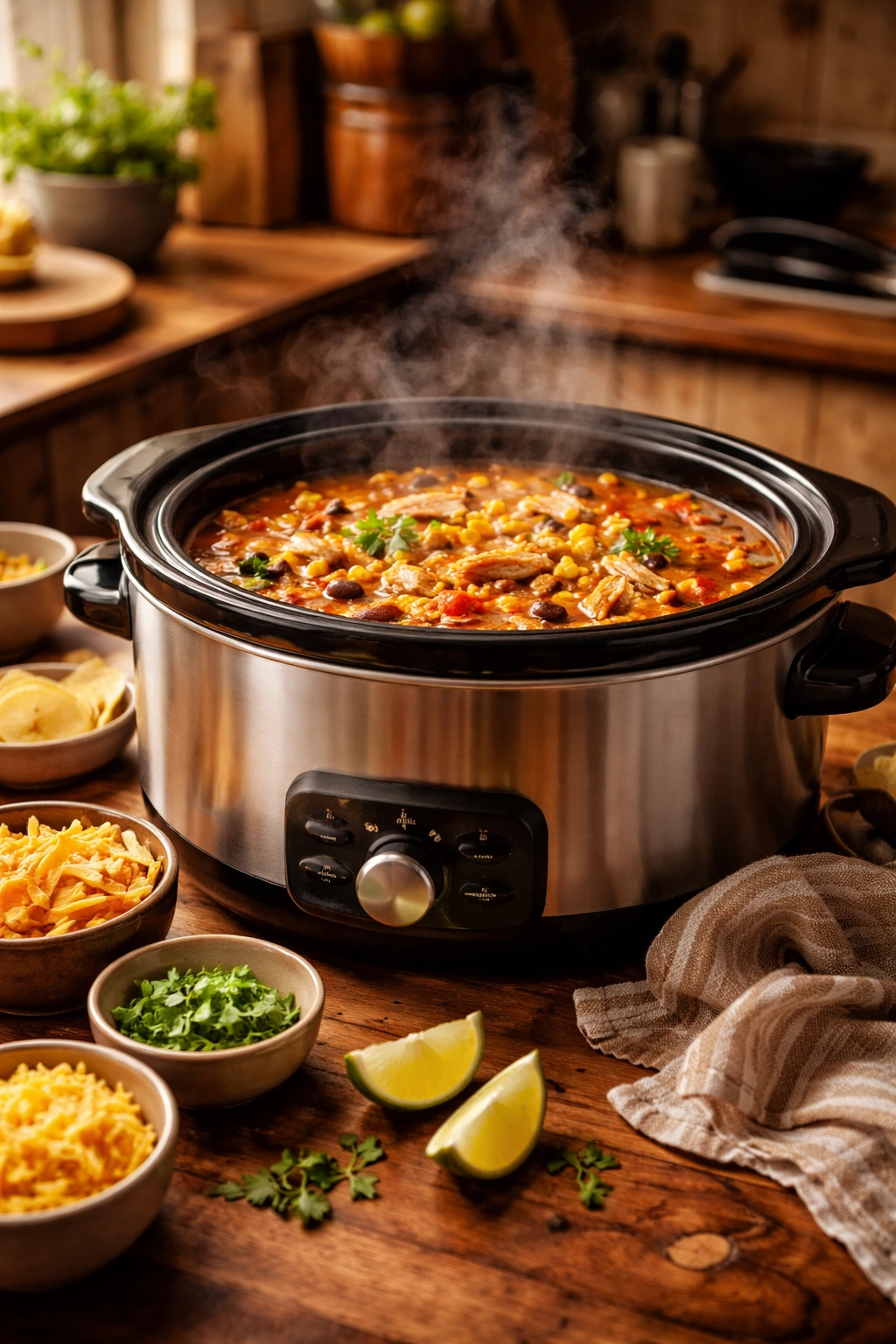 Slow cooker chicken tortilla soup in a warm kitchen, ideal for weeknight dinners
