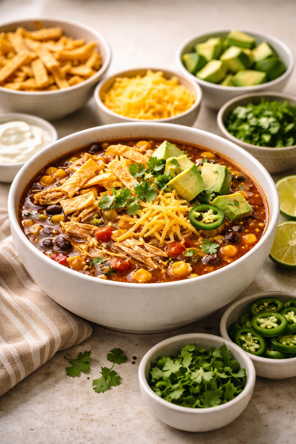 Bowl of tortilla soup with toppings such as tortilla strips cheese avocado cilantro