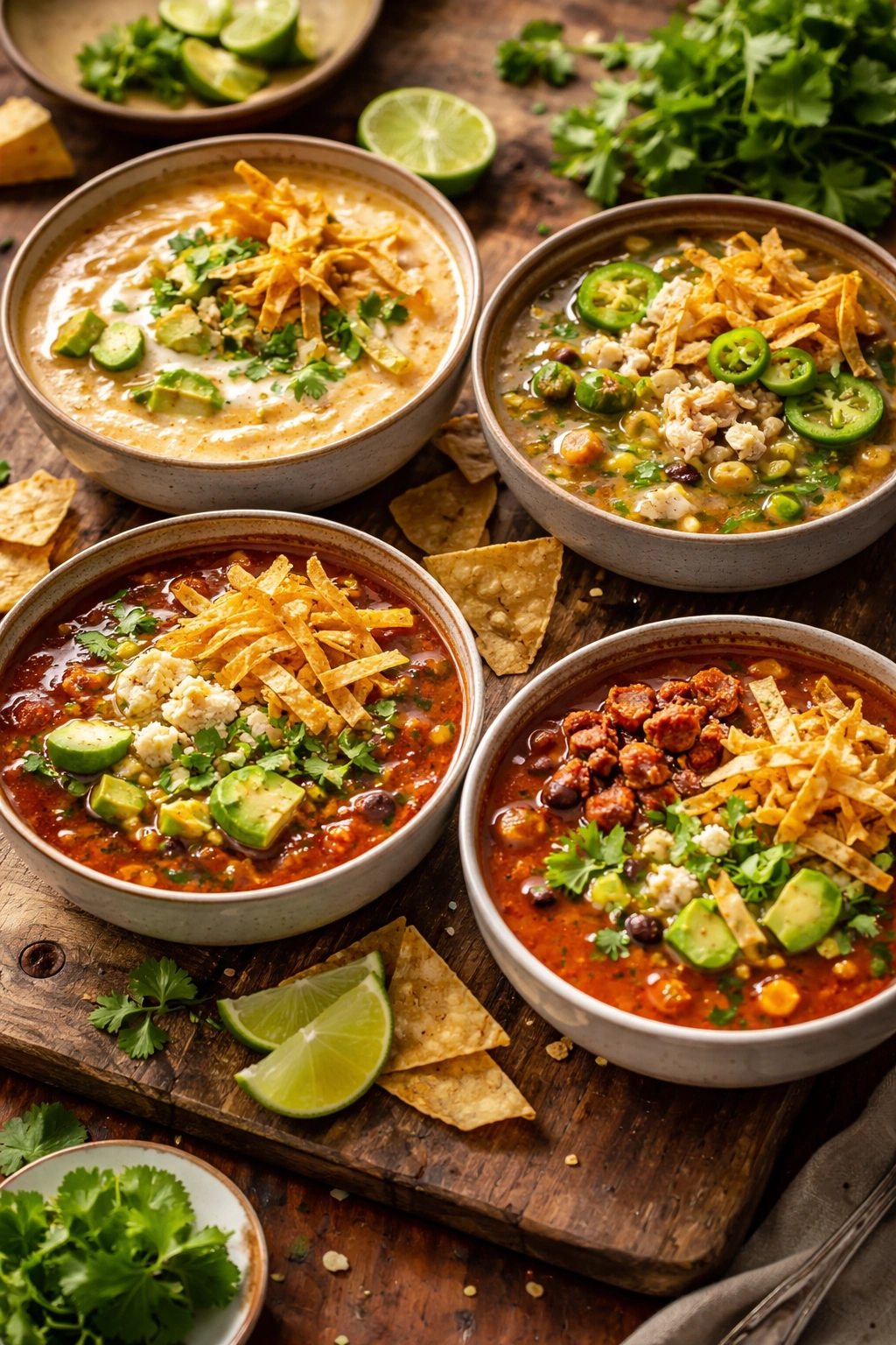 Group of tortilla soup variations in four bowls showing creamy, white chicken, smoky chipotle, and chorizo-topped styles