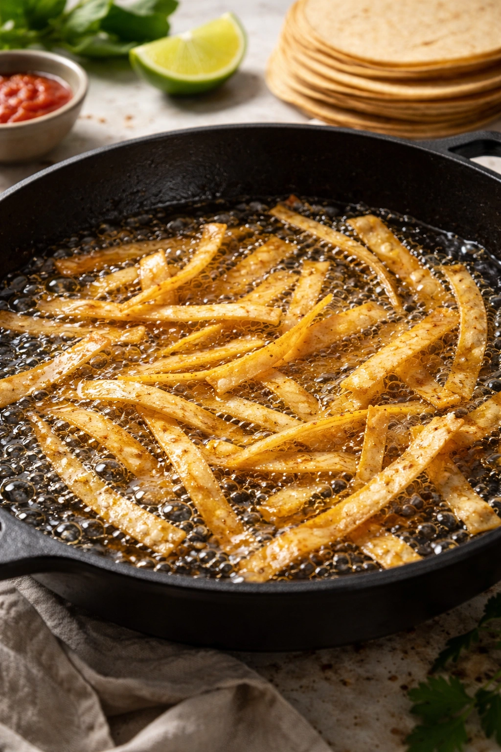 Golden crispy tortilla strips frying in hot oil