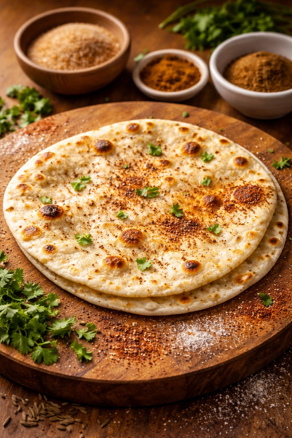 Tortilla with sugar dusting and spices plus cilantro on wooden board