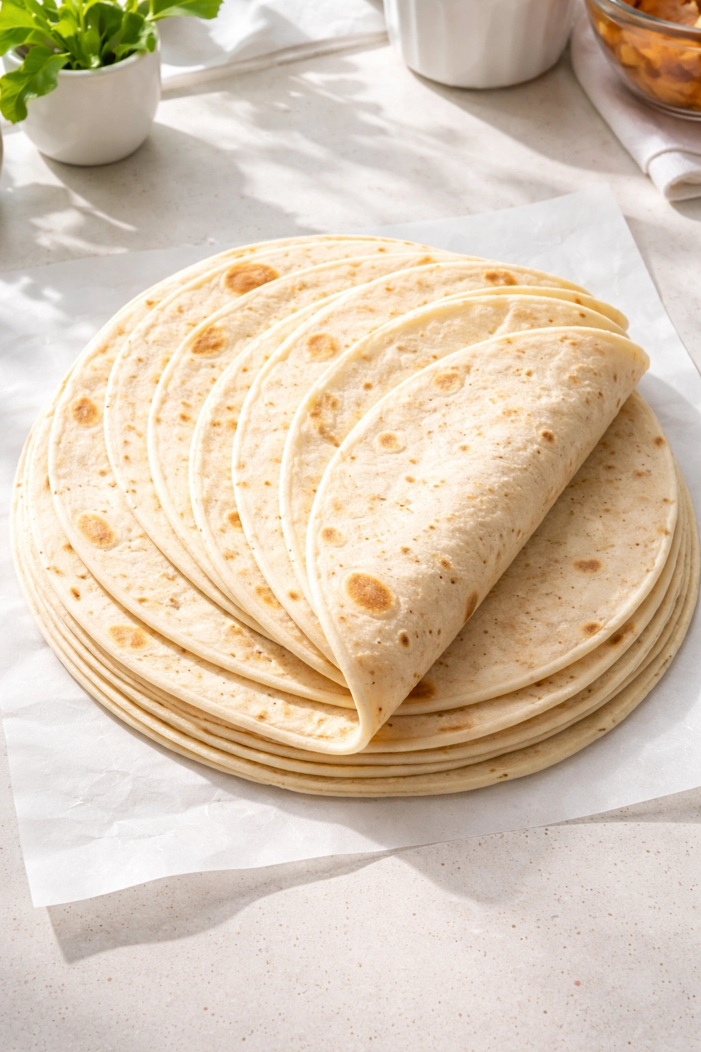 Stack of burrito-size tortillas showing thick, pliable texture