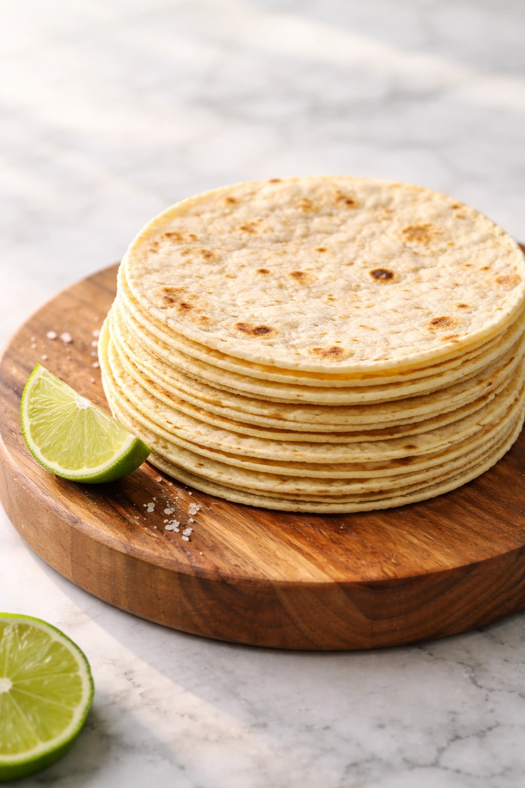 Stack of warm tortillas with lime wedge ready to serve