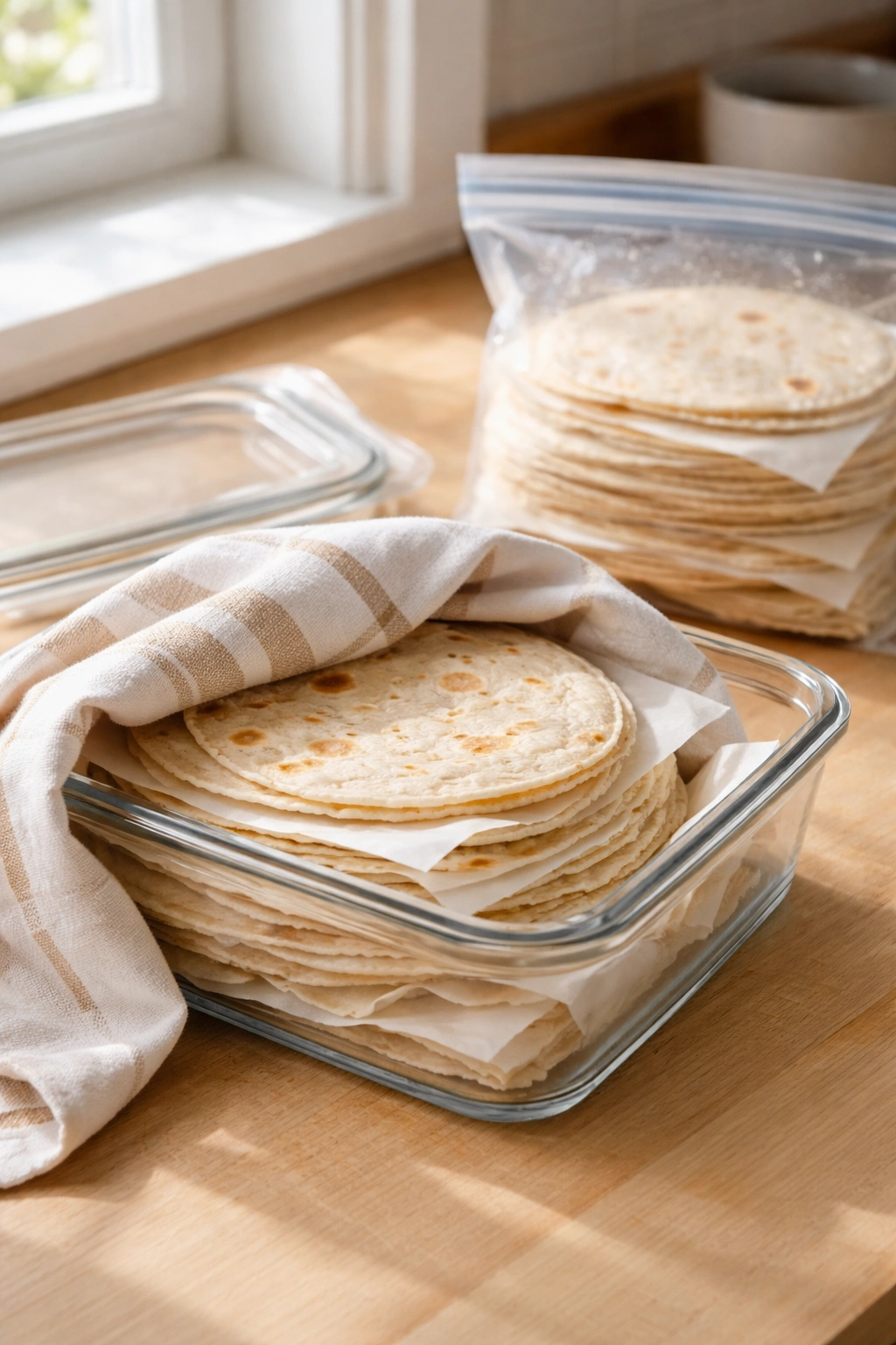 Tortillas stored in towel and airtight container to maintain freshness