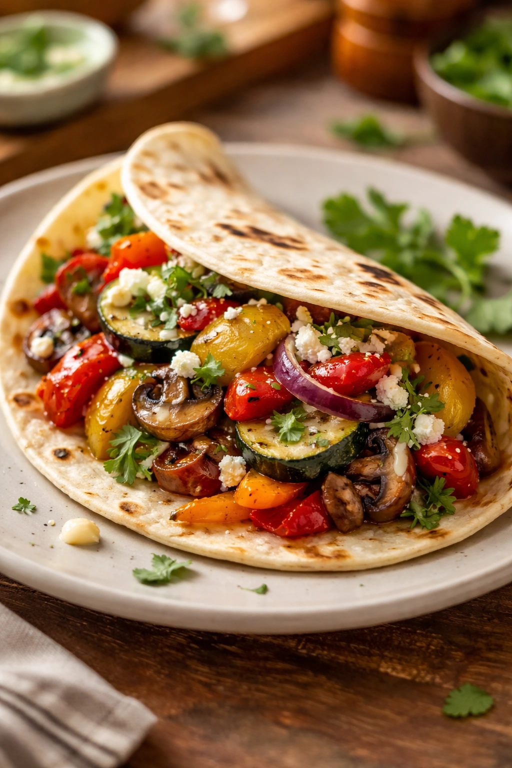 Tortilla wrapped around roasted vegetables and cheese on plate