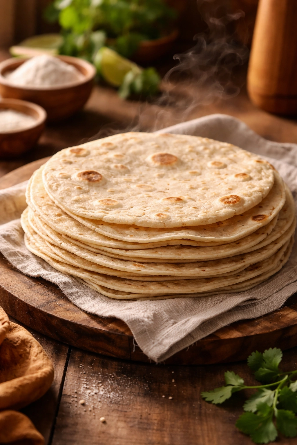 Close-up of warm flour tortillas on wooden board with cloth underneath
