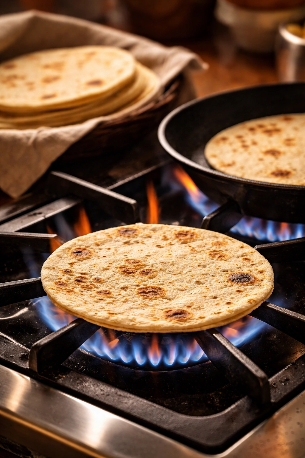 Tortillas warming over flame with light charring