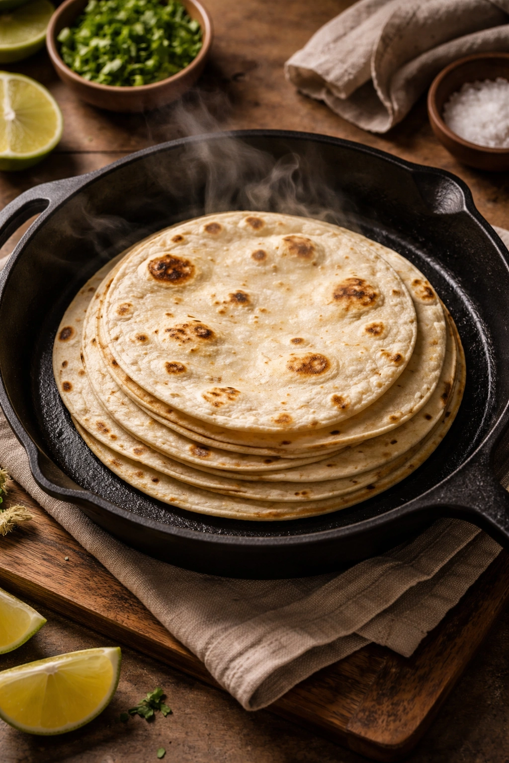 Tortillas warming on a skillet with light steam
