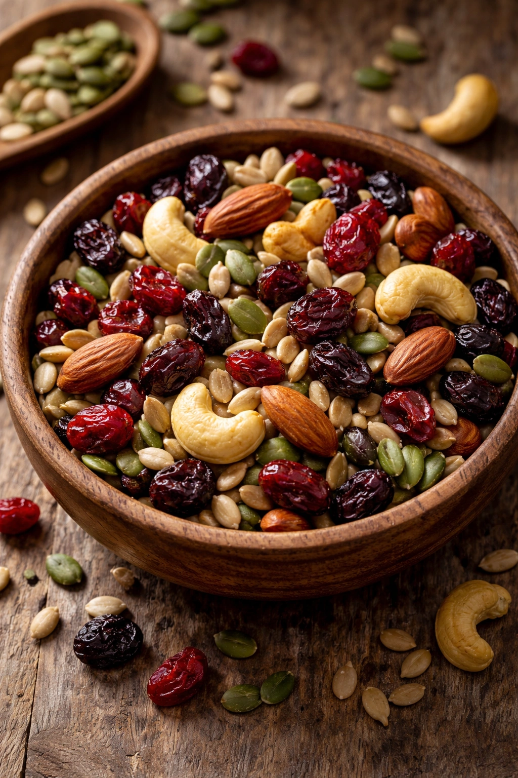 Trail mix in a rustic bowl with nuts and dried fruit