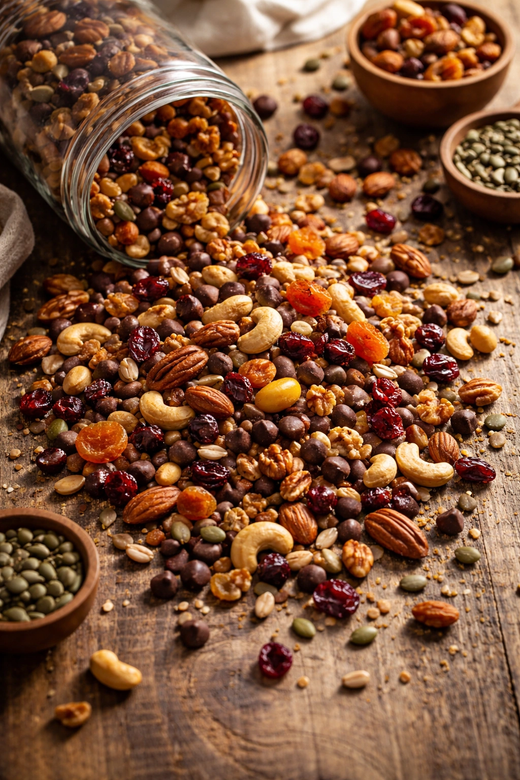 Close-up of homemade trail mix scattered on a rustic wooden surface, featuring nuts, dried fruit, and chocolate.