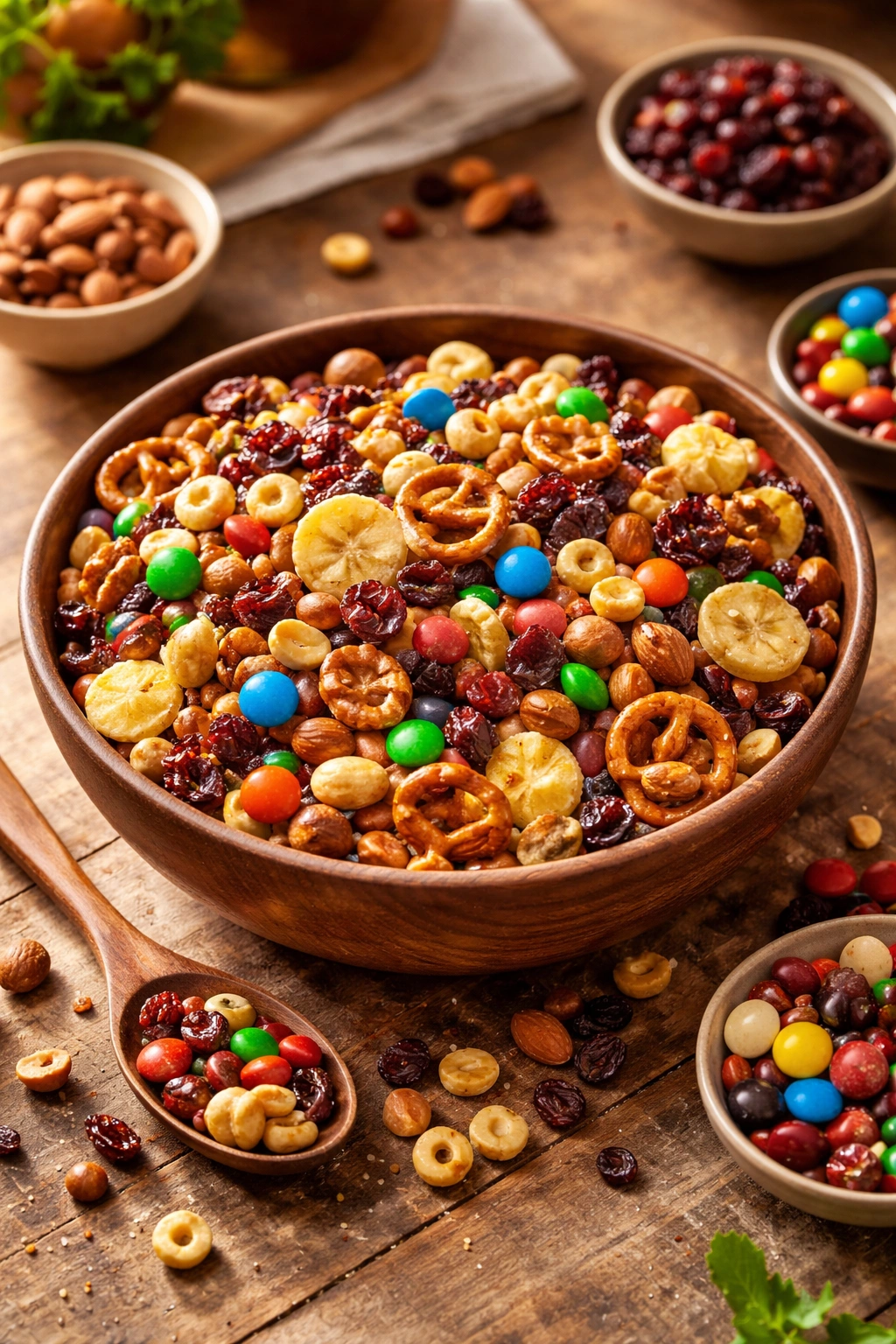 Bowl of homemade trail mix with cereals, nuts, and dried fruit