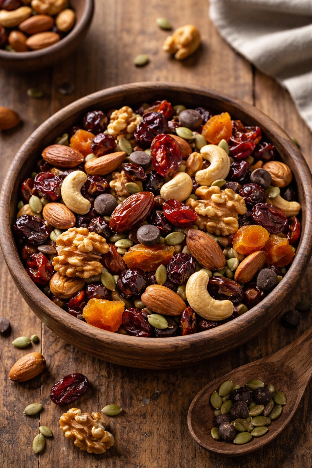 Close-up of homemade trail mix in a rustic bowl with nuts and dried fruit