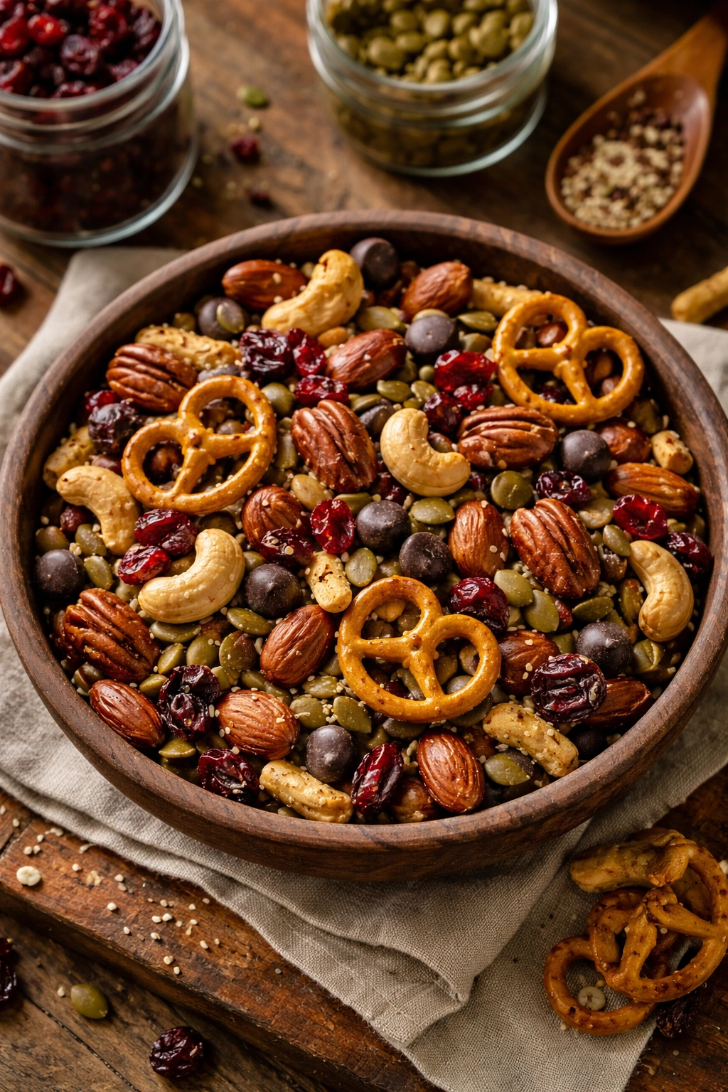 Close-up of trail mix with nuts, seeds, pretzels and dried fruit in a rustic bowl